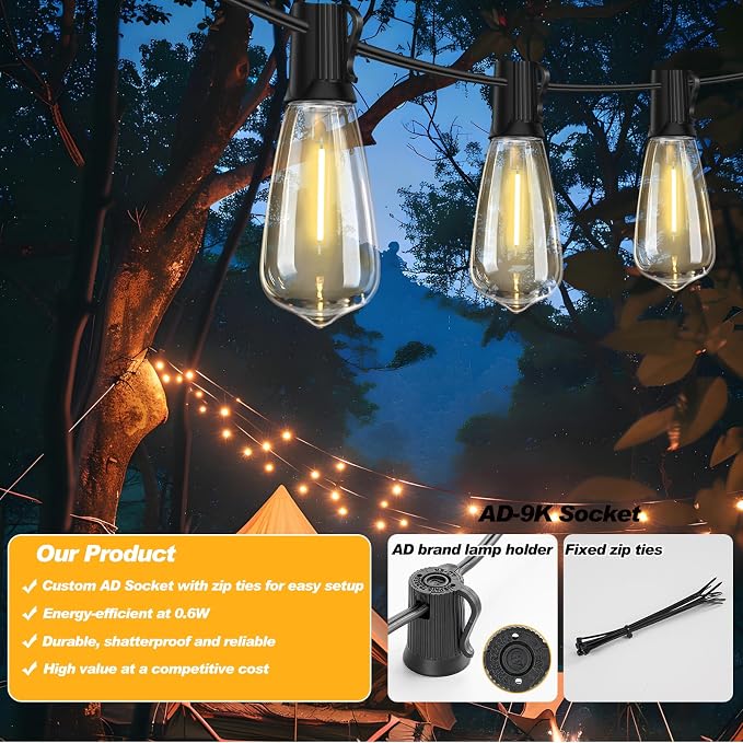 100FT LED Outdoor String Lights Waterproof, Edison Lights for Outside | with 52 Shatterproof Vintage Edison Bulbs Connectable Hanging Patio Lights for Yards Balcony Porch Bistro Garden Decor