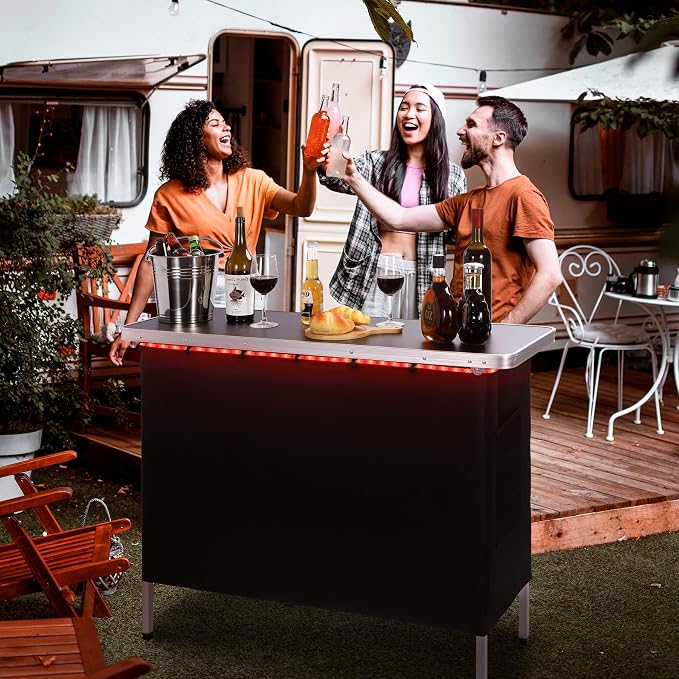 REDCAMP Portable Double Bar Table with Multi-Color LED Lights, Pop Up Folding Mobile Bar Bartender Station Podium Table for Events, Party, Camping, Tradeshow, Exhibition, Easy Setup, Black,43"x33"x15"