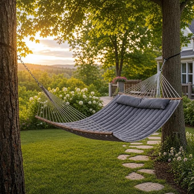 11.4 FT Double Quilted Hammock for 2, 450lbs Capacity Large Hammock with Pillow for Outdoor Patio, Garden Bed, Wooden Spreader Bar, 137.8" Long Dark Grey