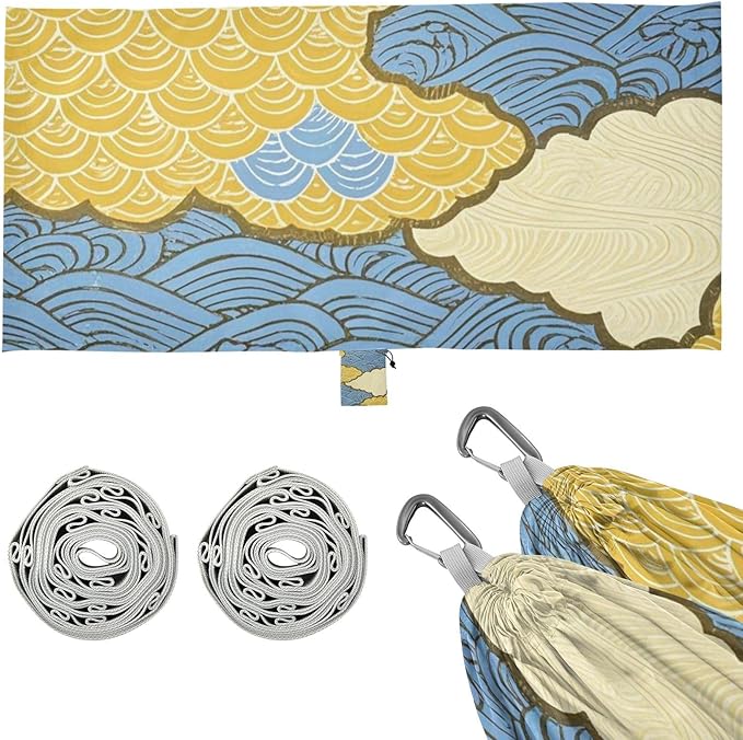 Blue and Gold Japanese Waves and Clouds 330lb Capacity Outdoor Hammocks Swing Hammock for Outside Beach Patio Garden hamacas para Patio