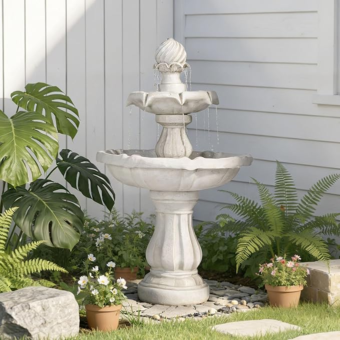 Christopher Knight Home Anka 37.4" H Classic 2-Tier Bowls Design Water Fountain Outdoor, Recirculating Pump Patio Garden Fountain, Freestanding Cascading Water Feature for Backyard/Lawn, White