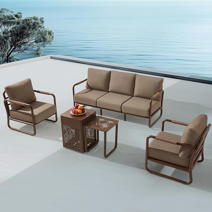 MBY Outdoor Aluminum Patio Furniture Set, 5-Seats Patio Conversation Sofa Set with 45,000 BTU Fire Pit Table w/Glass Wind Guard, All Weather for Balcony, Garden-Brown