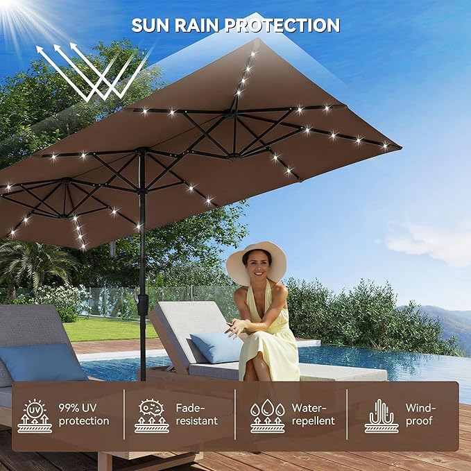 15×15ft Outdoor Patio Umbrella, Double Sided Market Rectangle Umbrella with Crank Handle, Large Sun Shade for Outside Deck, Backyard, Garden