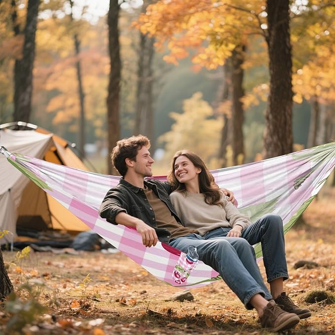 Qilmy Cherries Pink Camping Hammock Single – 330 lbs Capacity, Lightweight with Tree Straps & Carabiners, Portable for Hiking, Travel, Backpacking