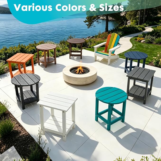 Outdoor Side Table, Adirondack Round 2-Tier Patio Table, Easy Maintenance & Weather Resistant, HDPE End Table for Backyard, Pool, Patio, Porch, Turquoise