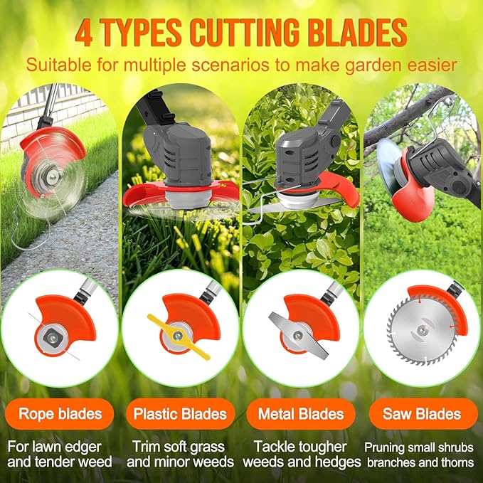 Electric Weed Wacker, 21V Cordless Weed Eater Battery Powered with 2X 2.0Ah Batteries, Charger and Metal Blade, 3 in 1 Lightweight Electric Weed Grass Trimmer Brush Cutter Edger for Lawn Yard Garden