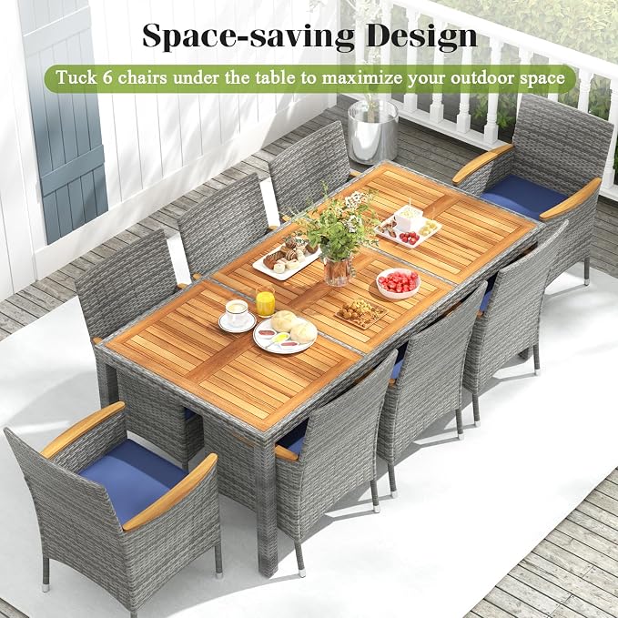 KOTEK Outdoor Dining Set for 8, Wicker Patio Dining Table and Chairs Set with Cushions & 2'' Umbrella Hole, 9 Pcs PE Rattan Patio Furniture Set for Garden, Deck, Backyard (Navy)