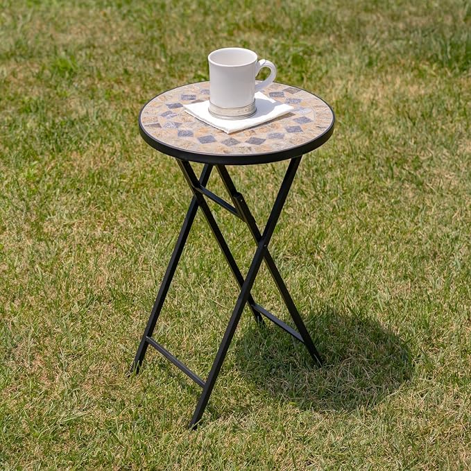 Mosaic Tile Furniture with Black Metal Frame and Patterned Tile Tops (Medora - Black/Stone/Gray, Folding Accent Table)