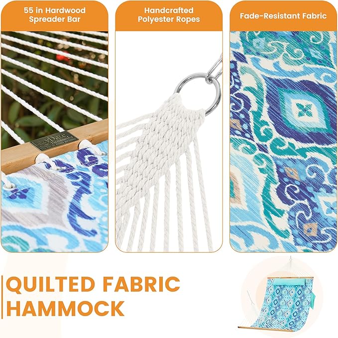 Lazy Daze Hammocks 2 Person Double Quilted Fabric Hammock with Spreader Bar, Detachable Pillow, Side Pocket, Carabiners, Chains, Straps for Outdoor, 450lbs Capacity, Floral Auqa