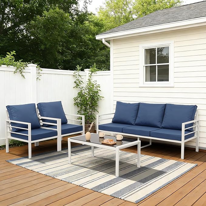 Patio Furniture Set 4 Pieces Outdoor Furniture White Metal Frame Patio Couch Outdoor Chairs Glass Coffee Table with No-Slip Cushions and Waterproof Covers, Navy Blue