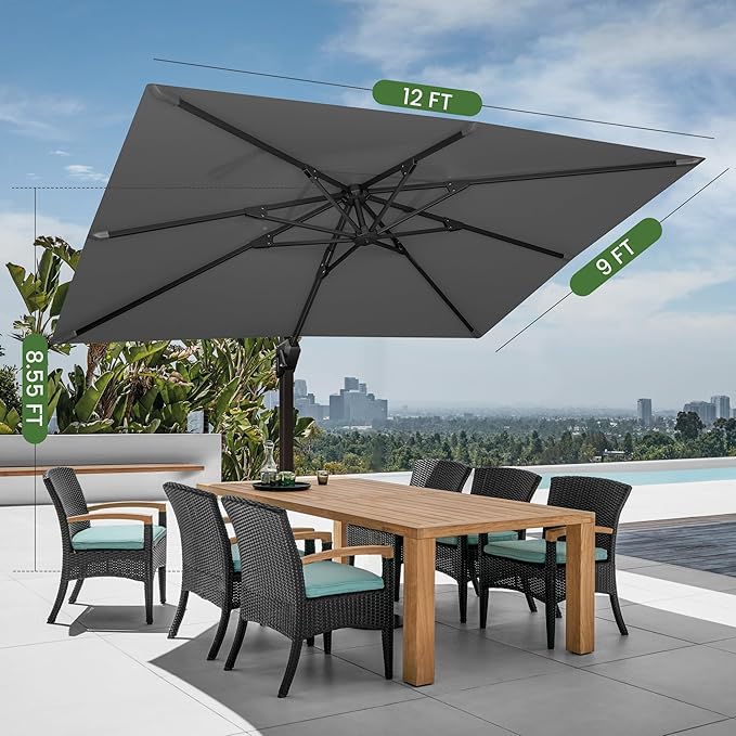 9' X 12' Cantilever Patio Umbrella with Base Included Rectangular Outdoor Large Offset Umbrellas with 7 Tilts Adjustable 360°Rotation for Deck Pool Garden Backyard, Grey