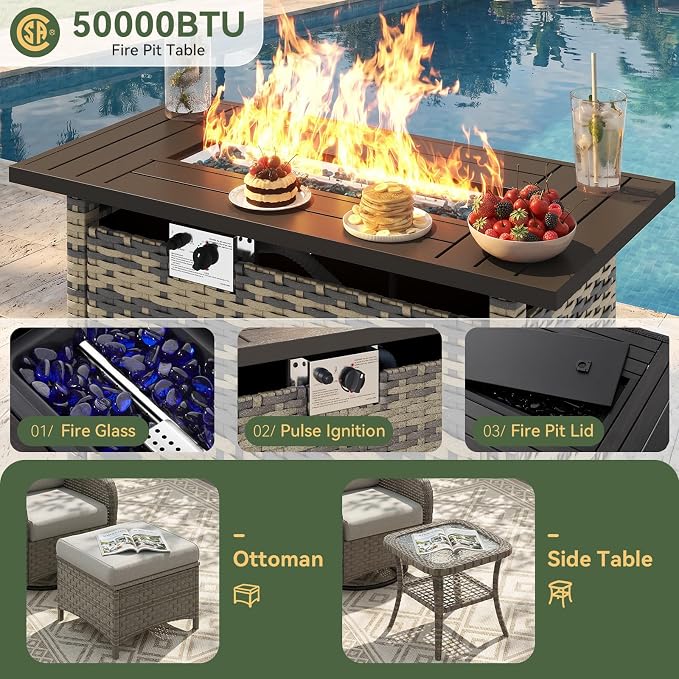 Aoxun 12-Piece Patio Furniture Set with 44” Fire Pit Table, Wicker Outdoor Sectional Sofa with High Back Swivel Rocker Chairs, Outdoor Patio Furniture Set with Thick Cushions & Ottoman, Grey