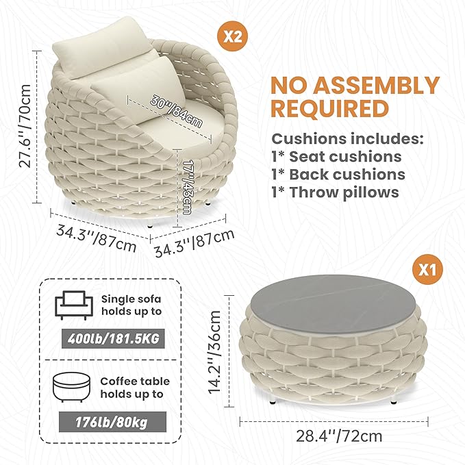 Front Porch Furniture Set 3 Piece: Aluminum Woven Rope Patio Conversation Sofa Set for 2 - Assembled Outdoor Deck Couch Armchair Set Cushions - for 400lb Balcony Pool Yard Bistro Hotel Lanai - Beige