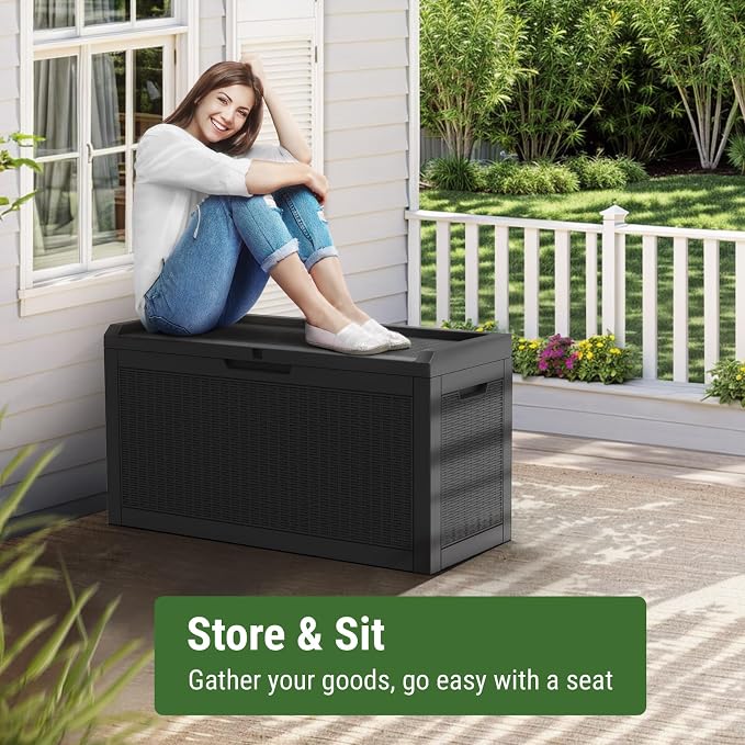 Mars Villa 60 Gallon Outdoor Storage Bench, Deck Box Waterproof Outside Resin Storage Bin for Outdoor Patio Furniture Cushion, Pool Supply, Garden Tool, UV-Resistant and Weatherproof, Rattan Black