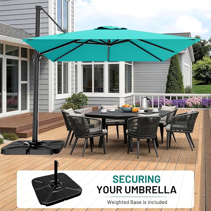 AreShark 8 × 8FT Square Cantilever Patio Umbrella with Base Included, 360° Rotation Offset Outdoor Umbrella, 5 Tilt Settings Heavy Duty Hanging Parasol for Deck Garden Pool, Peacock Blue