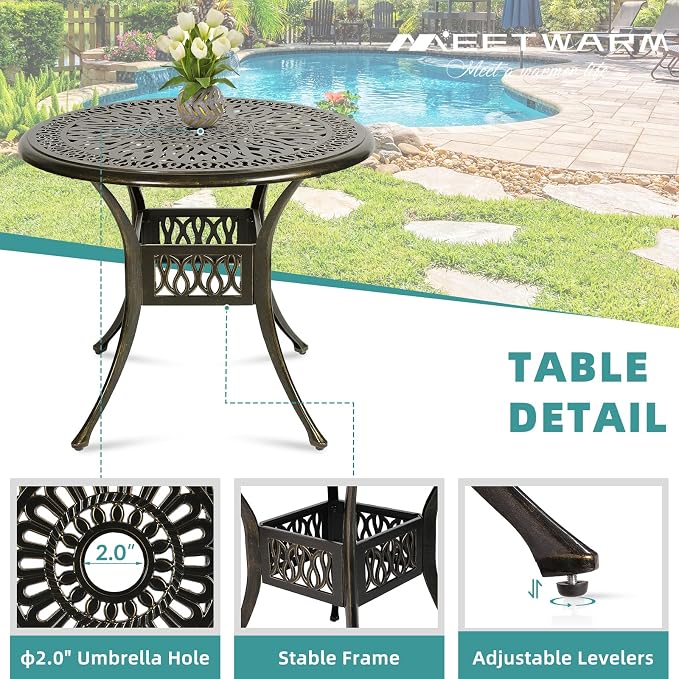 MEETWARM 5 Piece Outdoor Patio Dining Set All-Weather Cast Aluminum Dining Table Chair Set Patio Furniture Set for Backyard Garden Deck, Include 4 Chairs and 1 Round Table