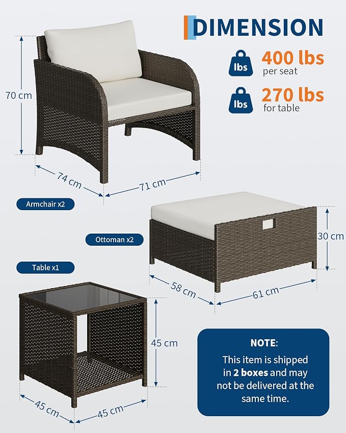 GarveeLife Balcony Furniture 5 Piece Patio Conversation Set, PE Rattan Wicker Outdoor Lounge Furniture with Hidden Ottomans, Soft Cushions & Glass Coffee Table for Porch, Backyard, Balcony, Beige