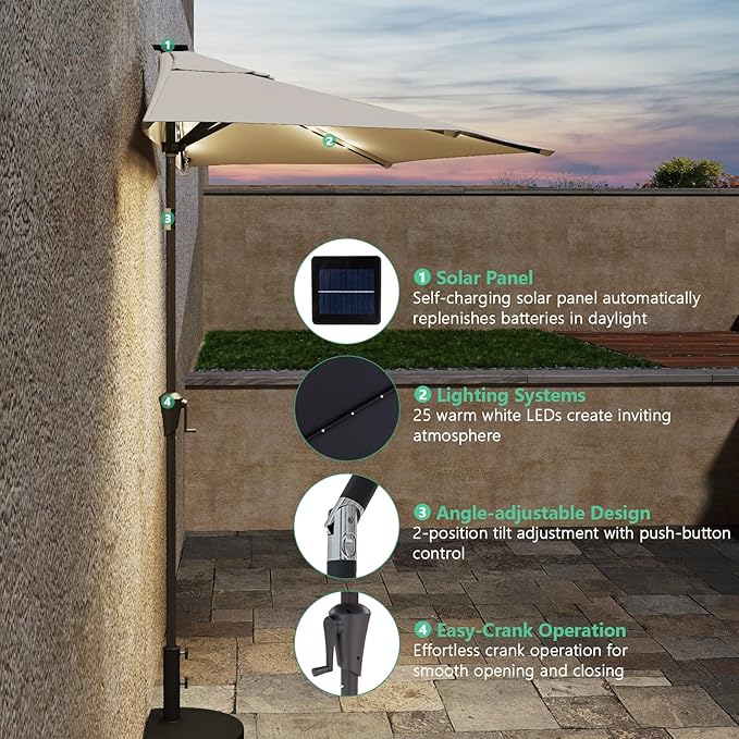 Helios&Hestia 9 ft Small Half Round Solar Powered Wall Outdoor Market Patio Umbrella with LED Lights and Tilt for Garden, Deck, Balcony