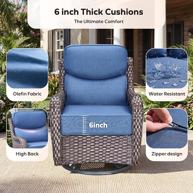 Rilyson Outdoor Wicker Patio Furniture Set - 5 Piece Patio Conversation Sets with Swivel Rocker Chairs, Ottomans and Side Table, 6 inch Cushions, Waterproof Wicker, for Porch Deck Brown/Blue