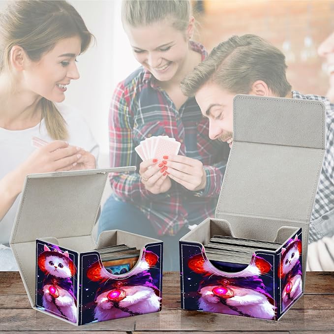 Card Deck Box for MTG, Cards Storage Box Fits 120+ Sleeved, Leather Small Size Strong Magnetic Closing Card Case for Board Games Magic TCG CCG Baseball Collection, Purple White Cat