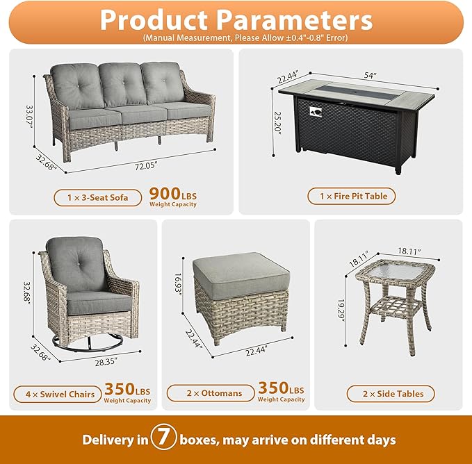 10 PCS Outdoor Patio Furniture Sets, Patio Conversation Sets Outside Rattan Soft Cushion Sofa with 4 Wicker Rocking Chairs & 54 in Fire Pit Table Fit Backyard Porch Garden Poolside Balcony,Dark Grey