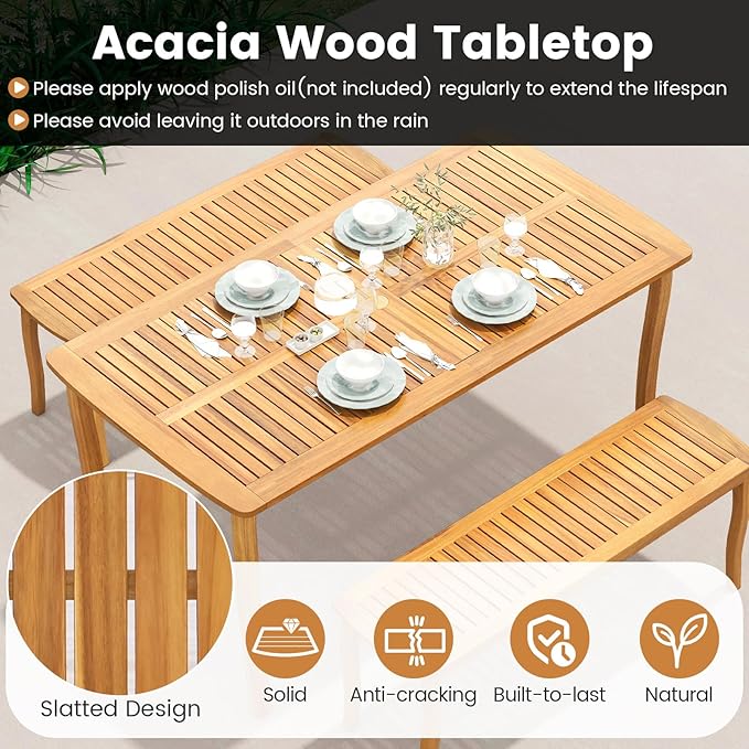 Tangkula 7 Pieces Acacia Wood Patio Dining Set, Outdoor Table and Cushioned Chairs Set with 1.97” Umbrella Hole, Outside Dining Furniture Set for Deck, Garden and Backyard