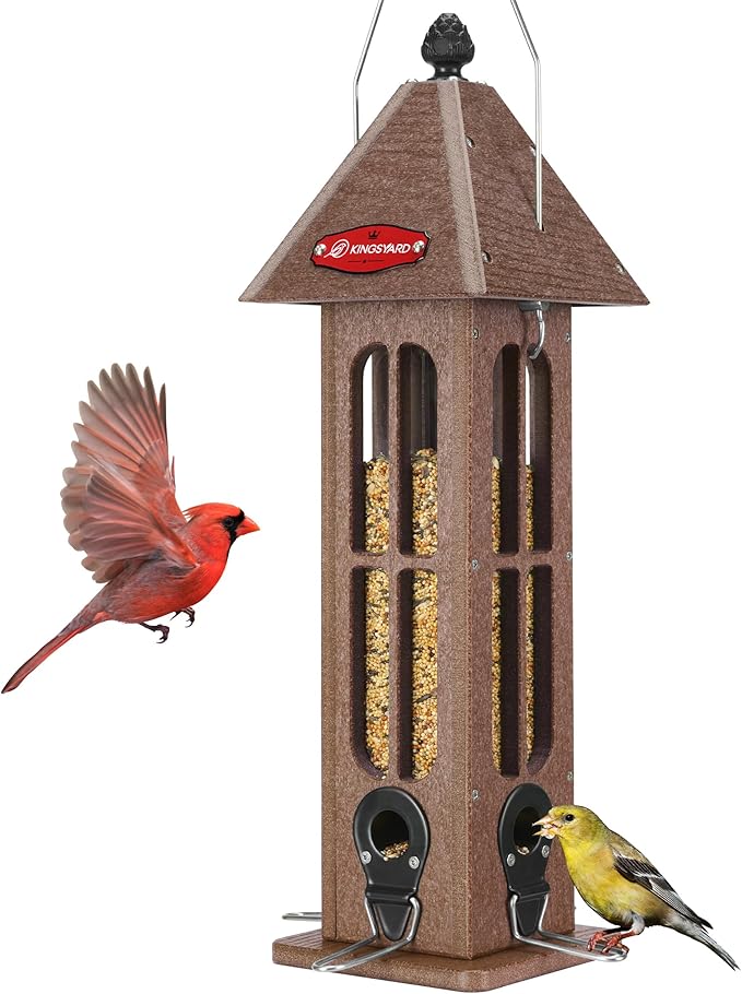 Kingsyard Rainproof Bird Feeder for Outdoor Hanging - Recycled Plastic Wild Bird Feeder with 4 Metal Ports, Garden Yard Decorations for Cardinals Finches, Brown