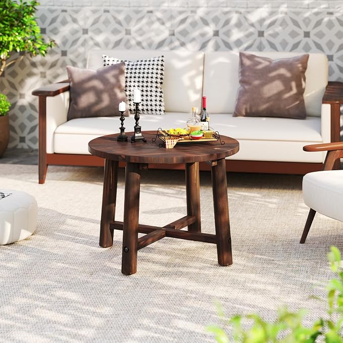 Tangkula Outdoor Side Table, Patio End Table with Solid Wood Structure, Small Round Coffee Table for Garden, Deck, Poolside & Indoors (1, Brown)