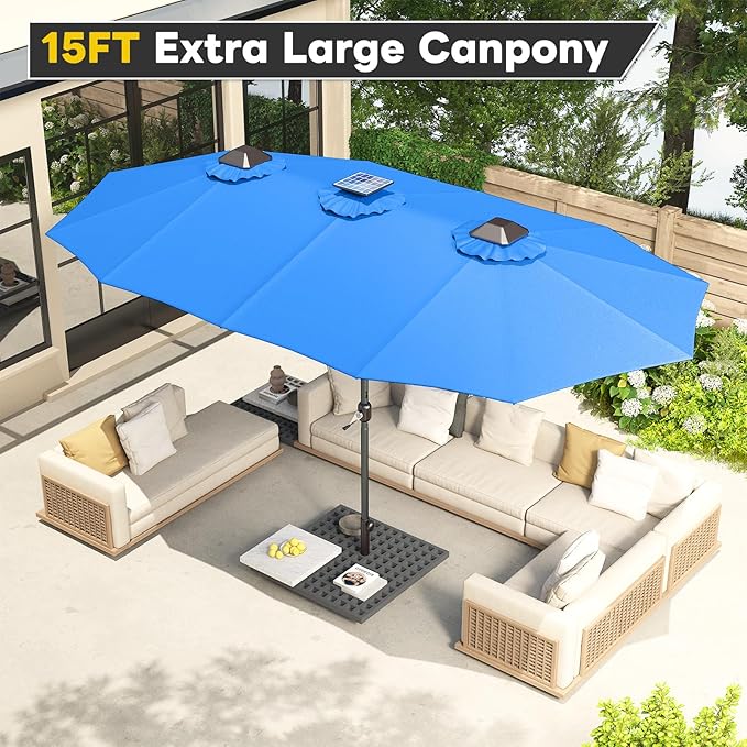 AECOJOY 15ft Patio Umbrella with Solar Lights, Large Patio Umbrella with Crank Handle and 156 PCS LED Lights, Outdoor Rectangular Market Umbrella for Backyard Deck Pool in Blue(1.9" Pole)