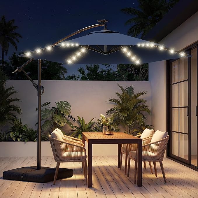 HOMSHADE 10FT Offset Patio Umbrella with Solar Lights, Outdoor Patio Umbrella with Base Included, Easy Tilt and UPF50+ Cantilever Market Hanging Umbrellas for Pool, Deck, Garden, Patio (Navy Blue)