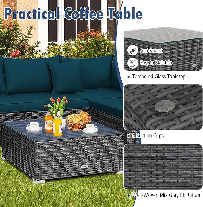 Tangkula 7 Piece Patio Wicker Furniture Set, Outdoor Rattan Sectional Sofa Set for 6 with Seat & Back Cushions, 2 Throw Pillows, Sofa Fastener Clips, for Backyard, Poolside, Deck (Peacock Blue)
