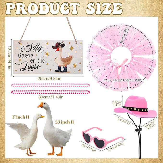 6pcs Pink Princess Porch Goose Outfits for 17-23 Inches Lawn Goose | Tutu Skirt Cowboy Hat Glasses Necklaces Wooden Sign for Outdoor Garden Lawn Art Decor