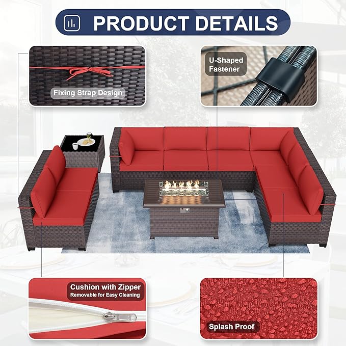 Patio Furniture Sectional Sofa 10PCS PE Rattan Patio Conversation Set w/43in Gas Fire Pit Table, Patio Outdoor Furniture with 4 Inch Thickened Cushions and Glass Coffee Tables, Red