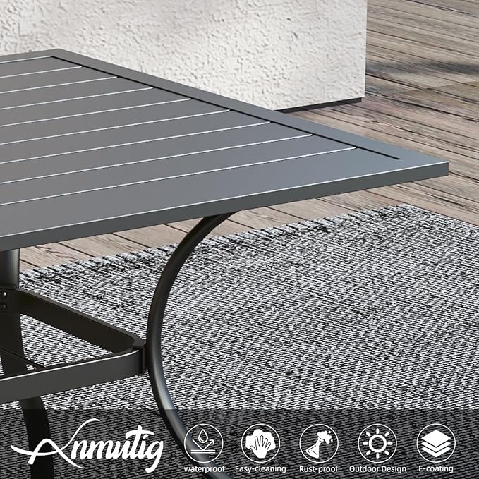 63"x38" Rectangle Outdoor Patio Dining Table with Umbrella Hole - 6 Person | 63" x 38" x 28" Rectangle Table, Slat Table Top, Black, Metal Top and Frame, 1.57"-1.9" Adjustable Umbrella Hole, All Weather
