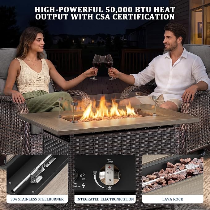 Luxury Swivel Rocker Chairs Fire Pit Table Set with 6" Thick Cushion 5 piece Wicker Outdoor Patio Chair with Sofa,Comfortable High Back Outdoor Patio Furniture Set - Brown | Gery