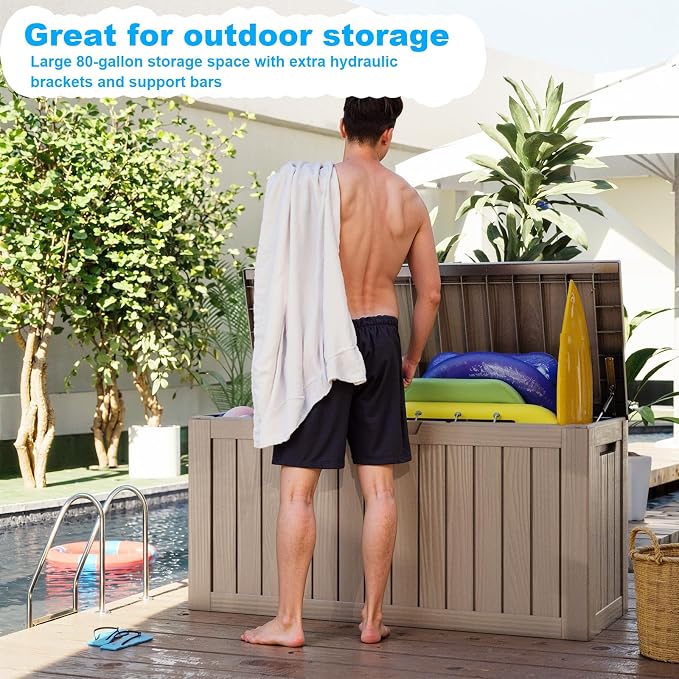 80 Gallon Outdoor Deck Box, Lockable Waterproof Outdoor Storage Boxes For Garden Tools,Indoor Cushions, Accessories Outside Storage Resin Weatherproof Container(Grey)