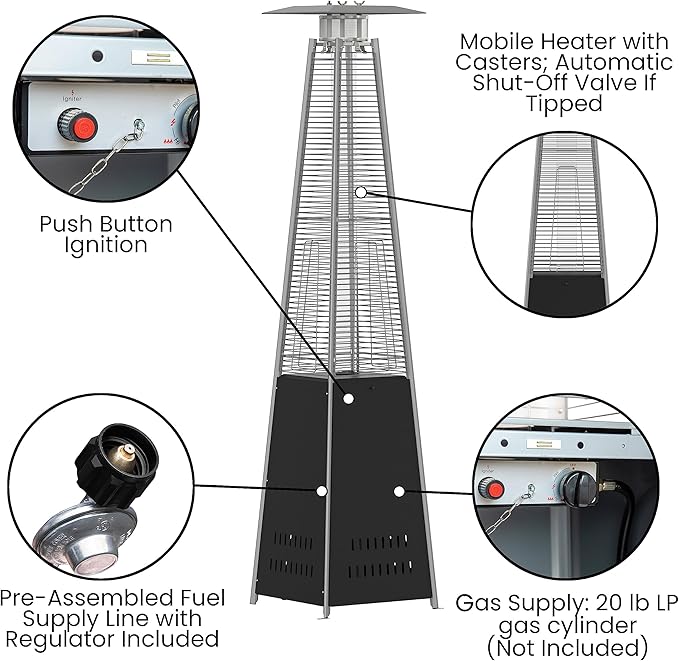 Flash Furniture Outdoor Patio Heater with Wheels - Black - 42,000 BTU - 7.5 Feet Tall - Stainless Steel - For Residential and Commercial Use