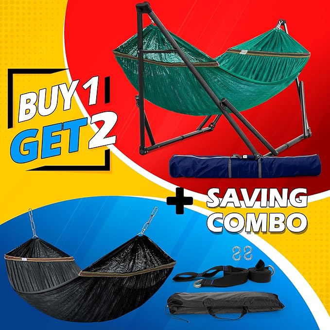 Tranquillo Combo x2 Hammocks with Stand for Outside & Tree Straps, Heavy Duty Hammock with Stand 600lbs for Indoor Outdoor Patio Backyard, x2 Hammocks for 2 Person (Combo - Peacock, Medium)