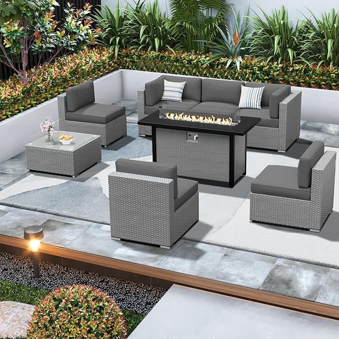 SUNCROWN Outdoor Patio Furniture Set 8 Piece Outdoor Sectional Sofa Grey Wicker Conversation Sofa Set with Coffee Table, Cushions and Fire Pit Table, Grey