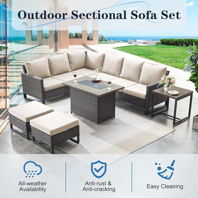 Belord Outdoor Sectional Sofa 6 Seater L Shaped Couch Wicker Patio Conversation Furniture Set Rattan Outdoor Furniture with Removable Washable Cushion, Brown/Beige