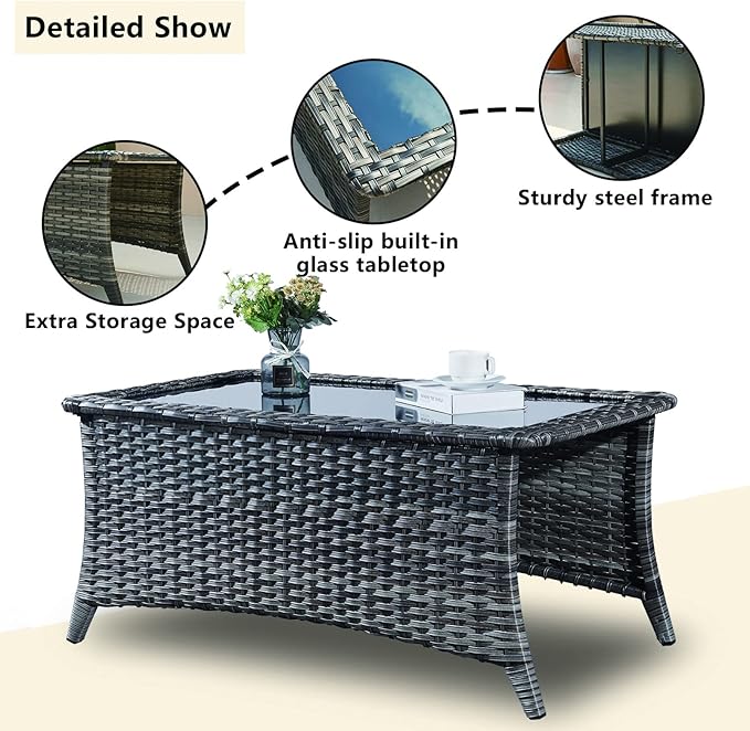 Rilyson Wicker Patio Furniture Sofa Set - 7 Piece Rattan Outdoor Patio Sectional Conversation Sets with 2 Sofa,2 Armrest Chairs,1 Coffee Table and 2 Ottomans for Porch Deck Garden(Mixed Grey/Red)