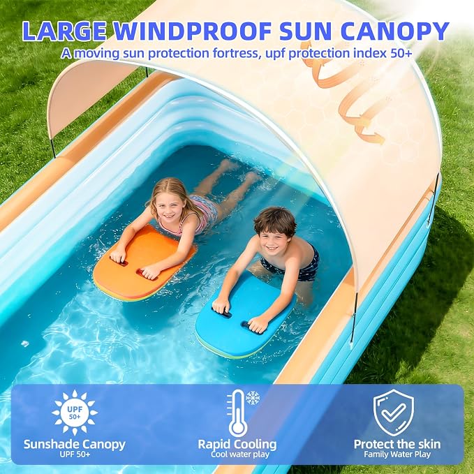 118" Deep Large Inflatable Pool with Removable Pool Canopy & Inflatable Pump, Backyard Family Pool, Outdoor Blow Up Pool for Adults & Kids, Summer Shaded Backyard Pool for Water Party