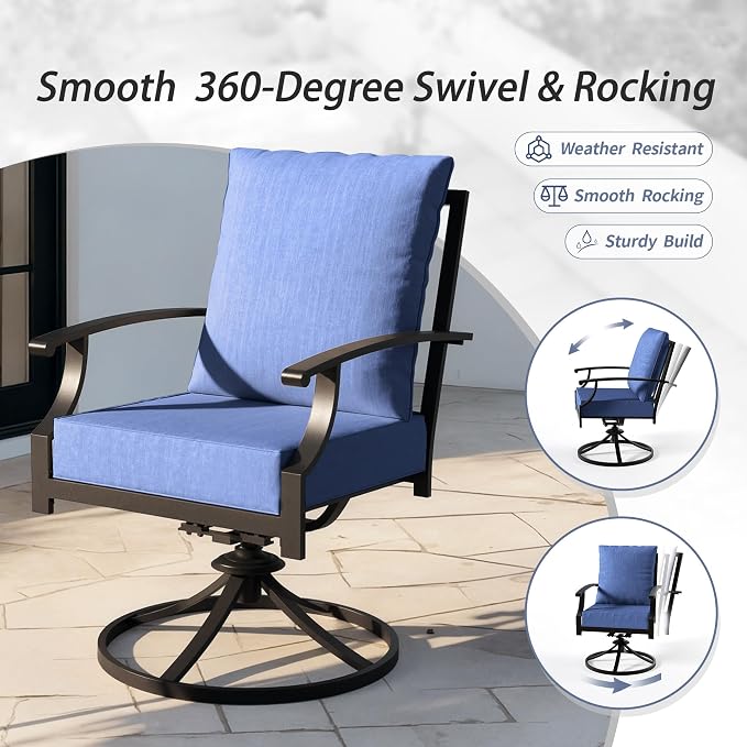 Kullavik 7 Pieces Outdoor Dining Set,Patio Dining Table and Chairs Set for 6,Fence Pattern Back Swivel Chairs with Thickened Cushions & X-Frame Metal Dining Table with Umbrella Hole for Patio,NavyBlue