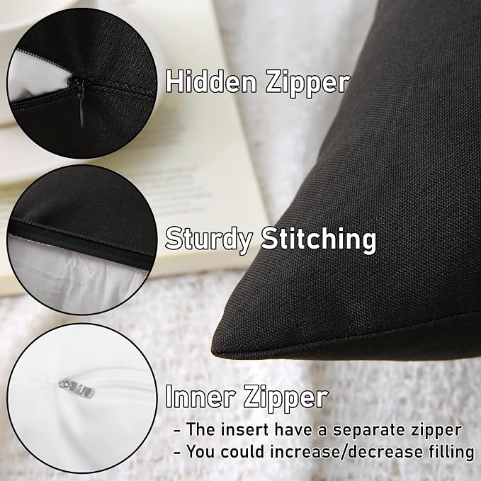 Outdoor Throw Pillows with Inserts, Waterproof Pillows for Outdoor Seating, Square Decorative Garden Cushion for Patio Furniture, Bed, Couch, Sofa(Black, 18" x 18" (Pack of 2))