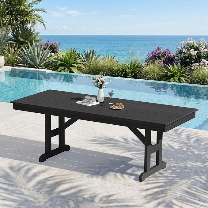 KINGYES Outdoor Dining Table,84 inch HDPE Rectangular Patio Table with Umbrella Hole，Waterproof Patio Furniture for Backyard,Black