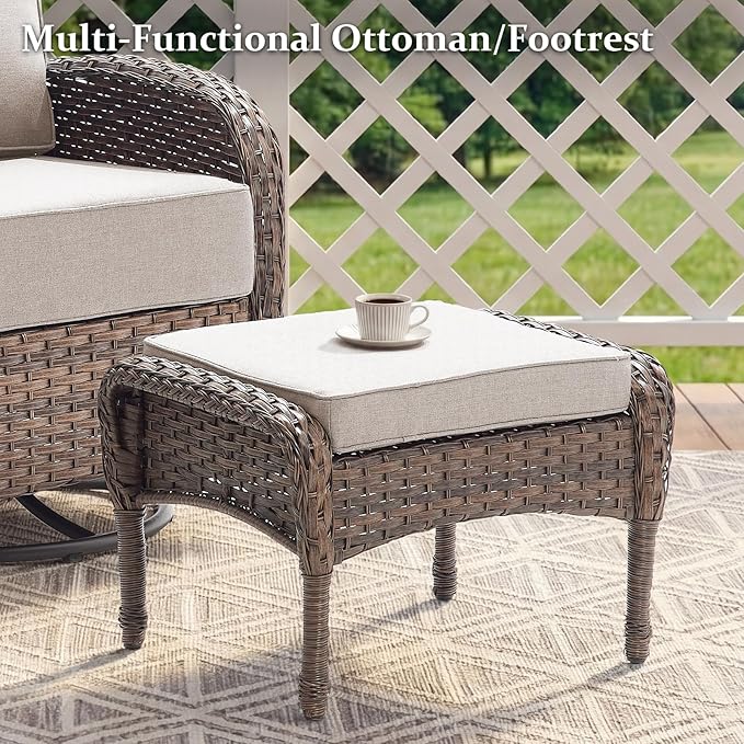 Outdoor Swivel Rocking Chair Patio Set (7-Piece), High-Back - Thick Cushion Swivel Rocking Chair Patio Set, All-Weather Wicker Patio Furniture Set, Suitable for Balcony Patios, Brown/Beige