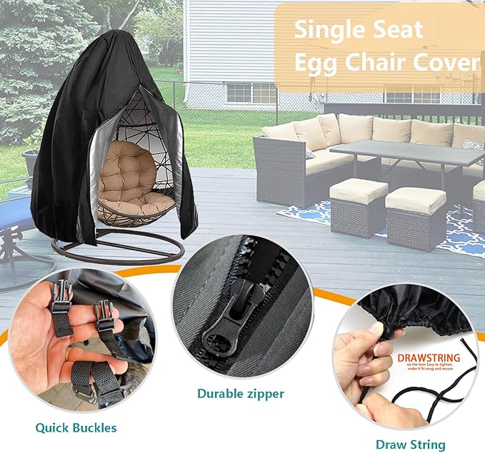 Oslimea Patio Egg Chair Cover Waterproof Wicker Swing Egg Chair Cover with Zipper and Bottom Buckle Single Seat for Outdoor Furniture, Black, 75"H x 45"W