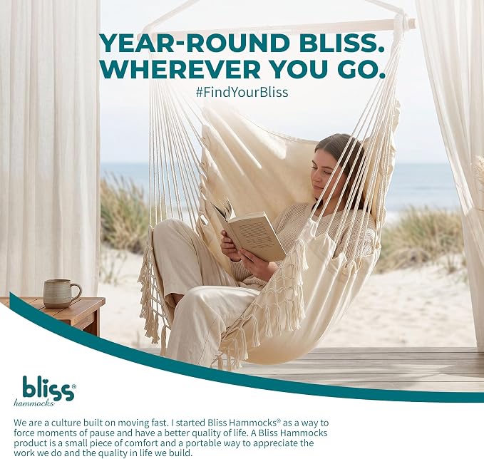 Bliss Hammocks BHC-412FR 40" Island Rope Fringe Hammock Chair w/Hanging Hardware & Spreader Bar, Outdoor, Patio, Lawn, Eco-Friendly, Hand-Woven, 250 Lbs Capacity, Natural