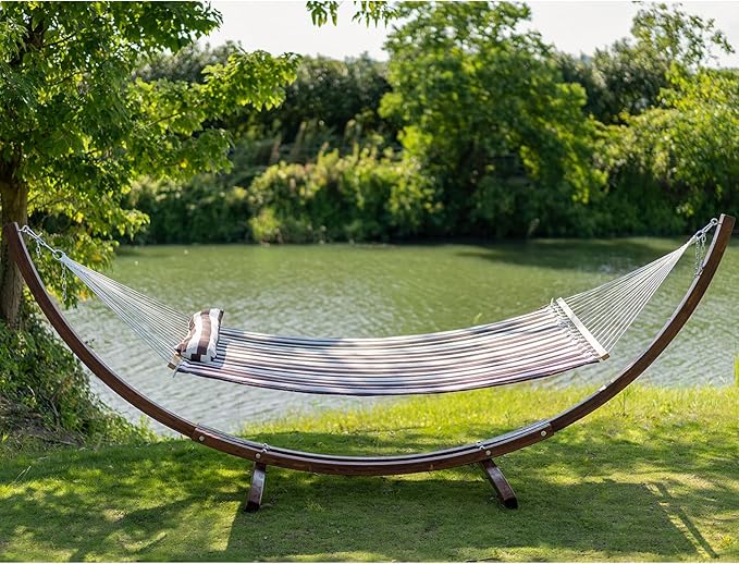 Lazy Daze 12 FT Quilted Double Hammock with Spreader Bar, 2-Person, 450 lbs Capacity, Brown White