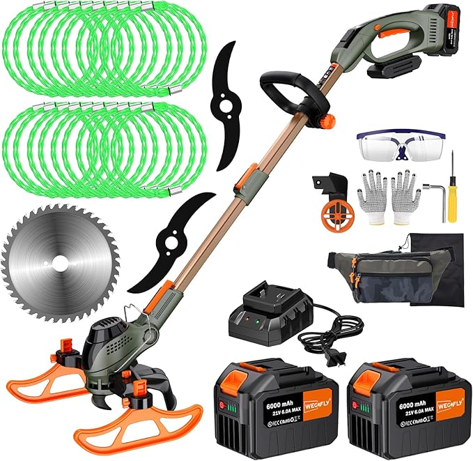 13" Electric Weed Wacker, 4 in 1 Cordless String Trimmer/Lawn Edger/Lawn Mower/Brush Cutter with Steel Gears, 2×21V 6.0Ah Batteries & Charger, 5.2 LBS Lightweight Grass Trimmer for Yard Garden